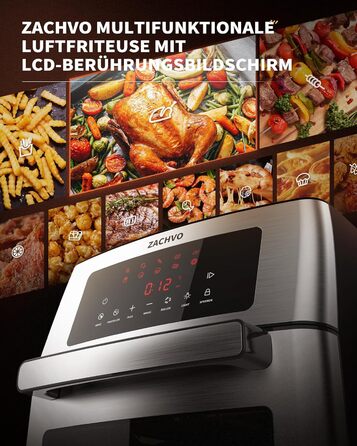 XXL Hot Air Fryer - ZACHVO Airfryer 15L - 10 Programs 1700W Hot Air Fryer with LCD Touchscreen - Air Fryer Frying Without Oil, 7 Accessories, 90% Less Fat - Oven, Grill, Dehydrator All in One Silver Hot Air Fryer