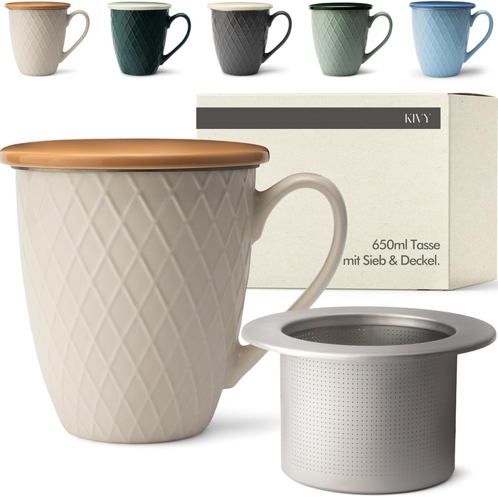 KIVY® Teacup with Lid and Infuser [XXL - 650ml] - Teacup with Infuser - Large Teacup with Infuser Insert - Tea Gifts for Women - XXL Mug - Large Mug with Lid - Jumbo Mug - Dishwasher Safe