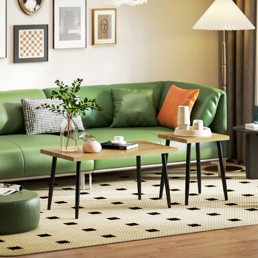 HOMCOM Set of 2 Side Tables with Steel Frame, Living Room Table Coffee Table for Living Room Bedroom Natural | Aosom