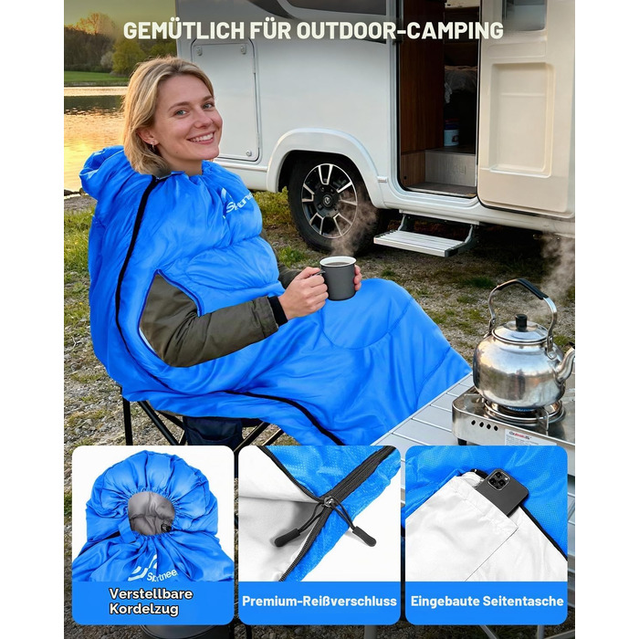 Спальний мішок Sportneer Outdoor для дорослих, теплий ковдру-спальник на 3-4 сезони для кемпінгу та подорожей (220x85 см, синій, 10-26 °C)