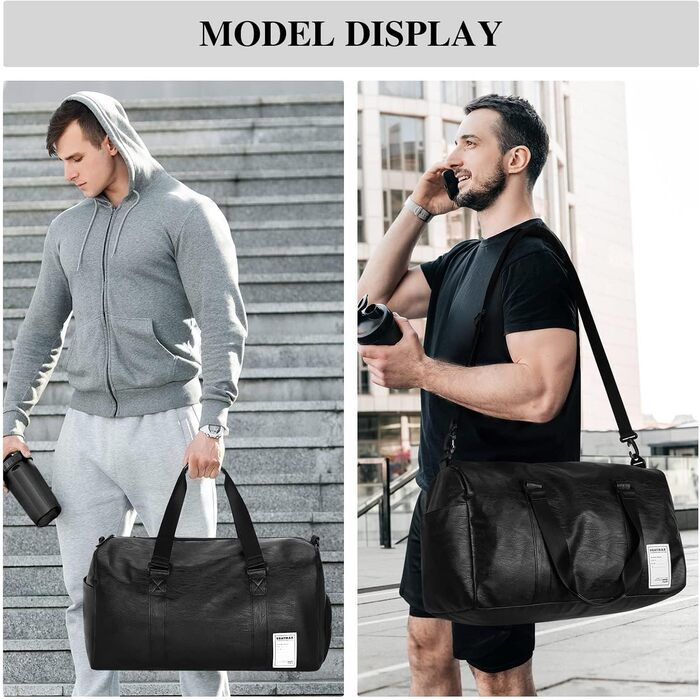 UBAYMAX Leather Sports Bag for Men, Travel Bag with Shoe Compartment and Wet Compartment, 37L Weekender Bag Carry-on Bag Training Bag Fitness Bag, Gym Bag Black