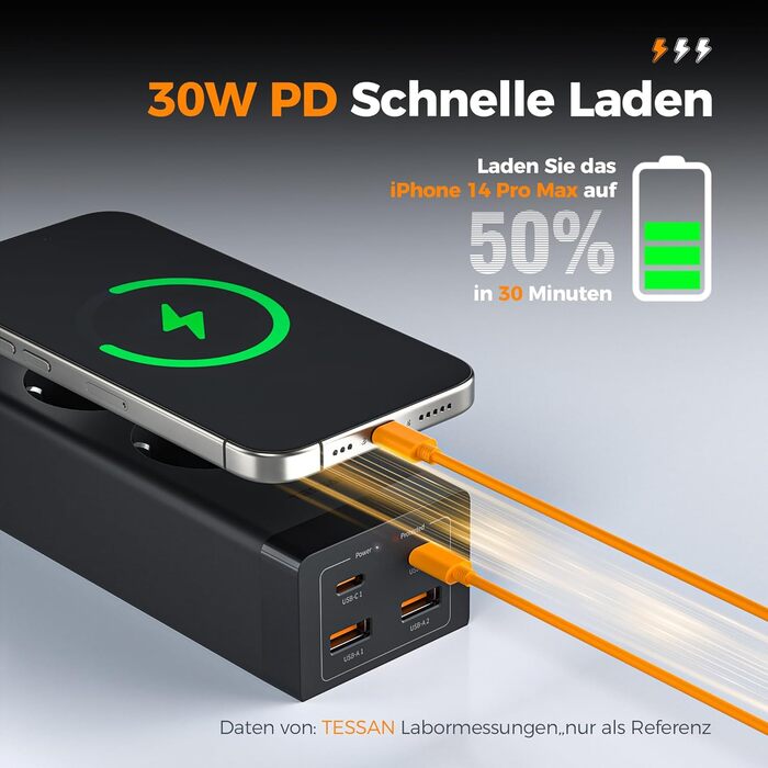 Мережевий фільтр TESSAN 30W USB-C з GaN, 2 розетки, кабель 2м, захист від перенапруги 3600W, чорний