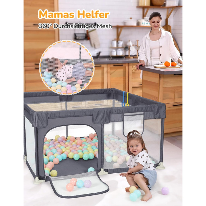 Манеж для дітей Dripex 120x180 см, сірий, з дихаючою сіткою, 300D Оксфорд, безпечний ігровий майданчик