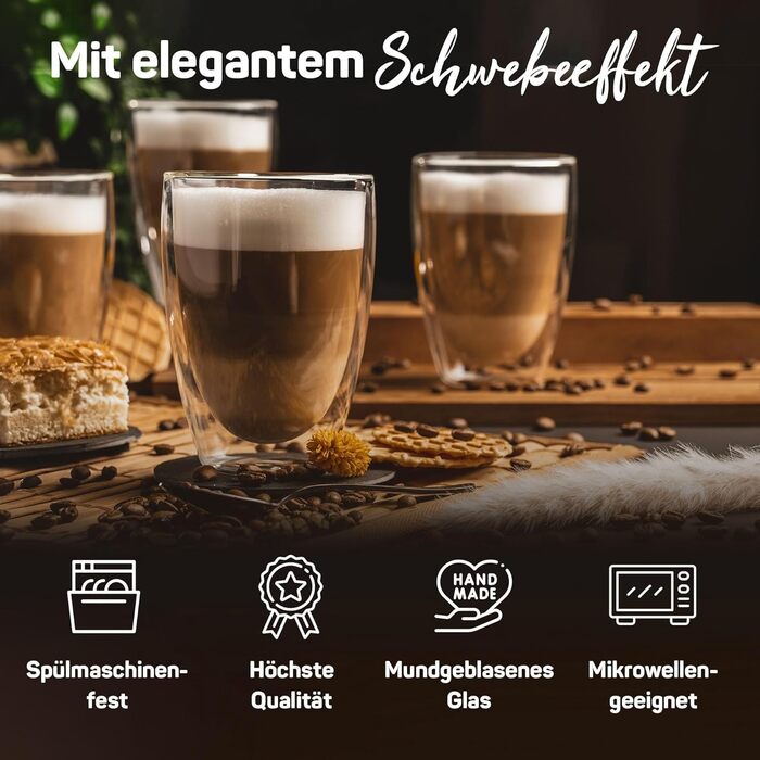 Склянки для лате макіато з подвійними стінками [4x EXTRA великі] | 4 склянки | 350 мл | Для кави, чаю, капучіно | Vienna Set2