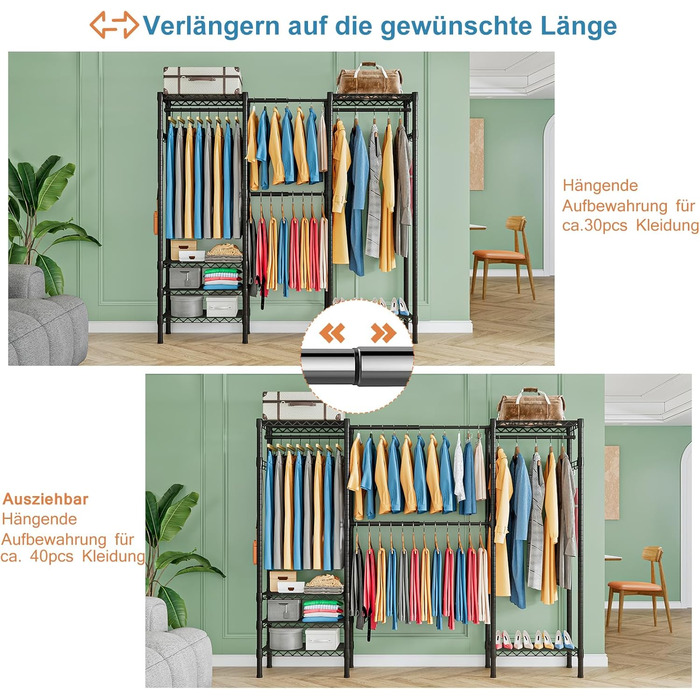 Розширюваний вішак для одягу, металева штанга для одягу, важкий металевий вішак для одягу з гачками, чорний (70.3-89.8” x 14” x 71.3”)