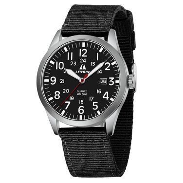 Чоловічий годинник LN LENQIN: аналоговий кварцовий годинник з нейлоновим ремінцем, 30M водостійкість, з датою (чорний, срібний, чорний)