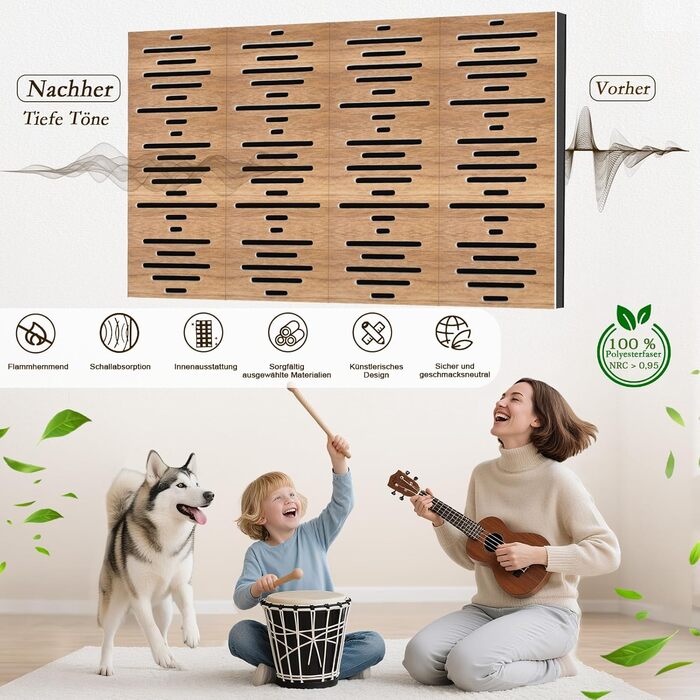 Акустичні панелі JBER для звукоізоляції стін, самоклеючі шумопоглинаючі плити з імітацією горіха (еліптичні лінії), 60×30×4.5 см, 4 шт. — для студії звукозапису та дому