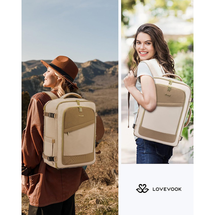 Рюкзак LOVEVOOK для ручної поклажі в літак, 40L, водонепроникний, для жінок, з відділенням для взуття та ноутбука 17.3 дюймів, бежевий + хакі