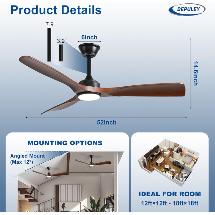 Depuley Стеляний вентилятор з підсвічуванням для вулиці: LED лампа з вентилятором для саду, тераси - 132 см, з підсвічуванням та APP для вітальні, ресторану, офісу, коричневий, 52''