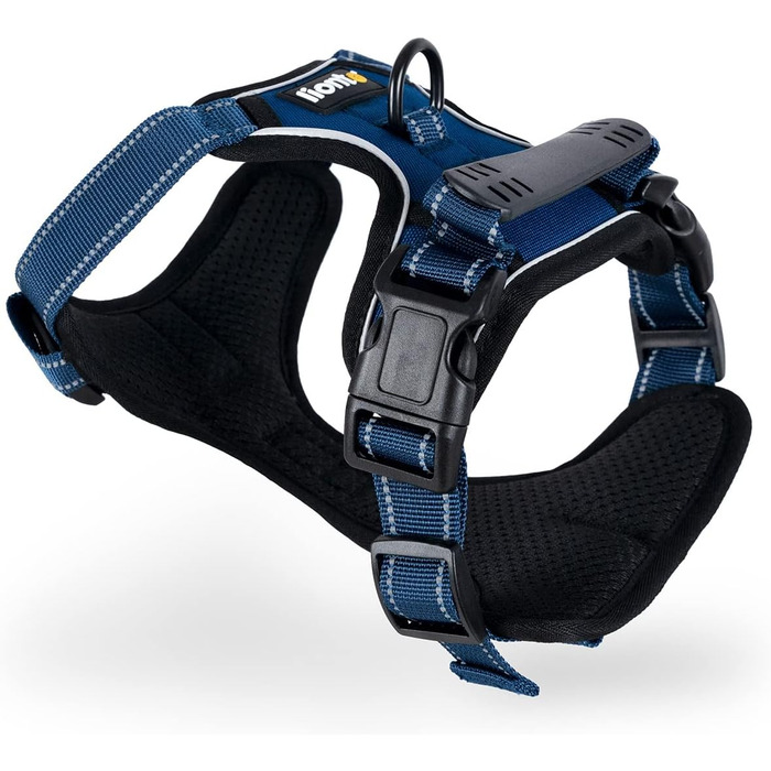 Нашийник для собак Lionto з м'якого нейлону, великий розмір, з відбиваючими елементами, анти-тяга, з 2 кільцями та 4 ремінцями, з двома застібками-кліпсами та гумовою ручкою (XL, блакитний)