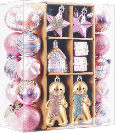 Набір прикрас на ялинку Shareconn 65 шт. з пластику, міцні, з мотузкою, різні розміри та кольори (червоний & білий, макарон)