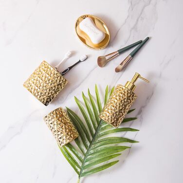 Набір аксесуарів для ванної кімнати з кераміки, золото: мильниця, тримач для зубних щіток, стаканчик та мильниця. Стильний декор для раковини, подарунок на новосілля