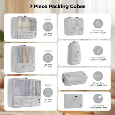 Органайзер для валізи Yomisee, Набір з 7 частин, Packwürfel Set, Органайзери для одягу в подорож, Сірий