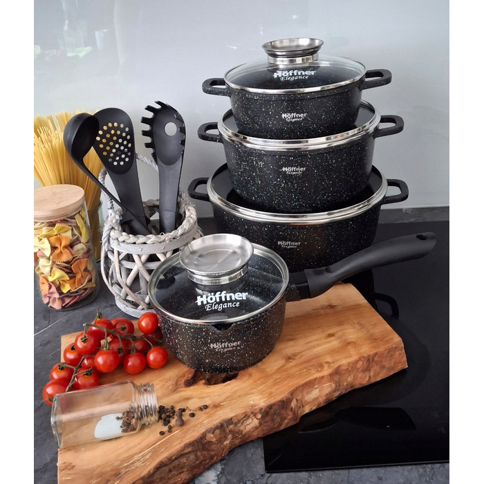 Набір каструль Hoffner, алюміній з мармуровим покриттям, чорний, 17 предметів