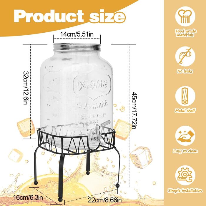 Диспенсер для напоїв на 7.6л зі стійкою, скляний диспенсер для води, соку, з нержавіючої сталі з краном, для дому, вечірок, свят