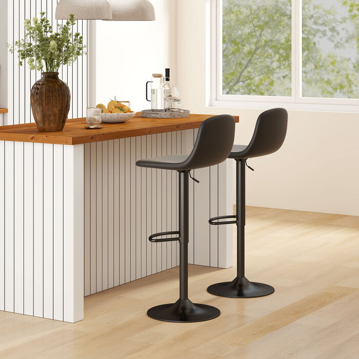 HOMCOM Set of 2 Adjustable Height Swivel Bar Stools - Rotating Bar Chair Counter Stool with Backrest and Footrest, Non-Slip Stool, Faux Leather, Black | Aosom