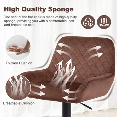 Ralex Adjustable Swivel Bar Stools 2-Pack - Velvet Upholstered Counter Height Stools with Backrest & Armrests for Kitchen, Bar & Countertops (Brown)