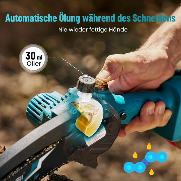 Акумуляторна міні-пила SEESII 6 дюймів з автоматичною подачею мастила, 8000mAh, для стрижки гілок та різання деревини