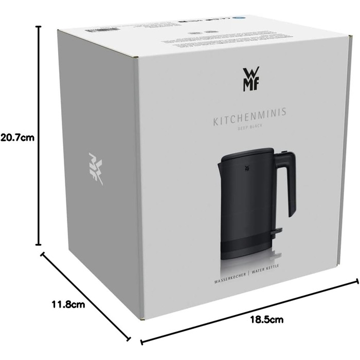 WMF Kitchenminis Mini Travel Kettle Stainless Steel 0.8l, Electric Kettle with Scale Filter, 1800 W, Small Teakettle, Stainless Steel, Black Deep Black