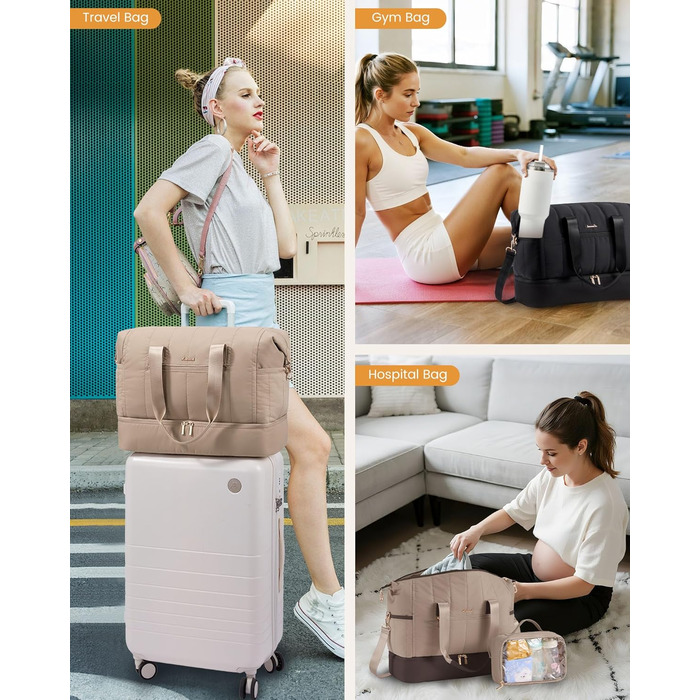 Сумка-валіза LOVEVOOK для жінок, велика дорожня сумка-вихідні, 40л, 2 шт, бежева. З відділенням для взуття та мокрих речей, для подорожей, спортзалу, пологів.