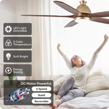 Дзеркальний вентилятор для стелі з дерева, без освітлення, з пультом керування, тихий, для вологого приміщення, 132 см (52 дюйми), коричневий, 5 лопатей