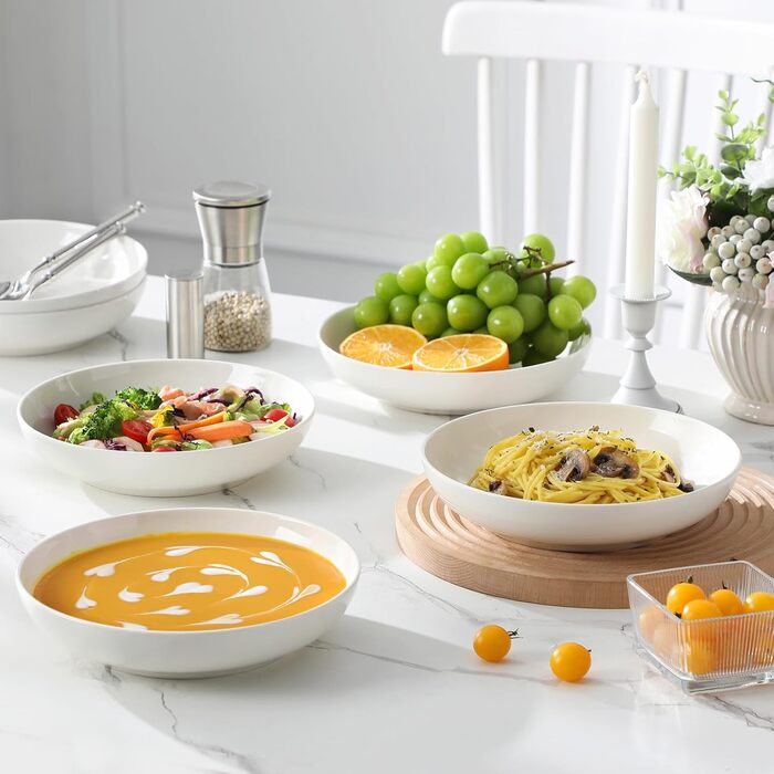 Набір посуду MALACASA, 6 предметів: тарілки для пасти, супу, салату, сервірування. Білий порцелан, 1250 мл