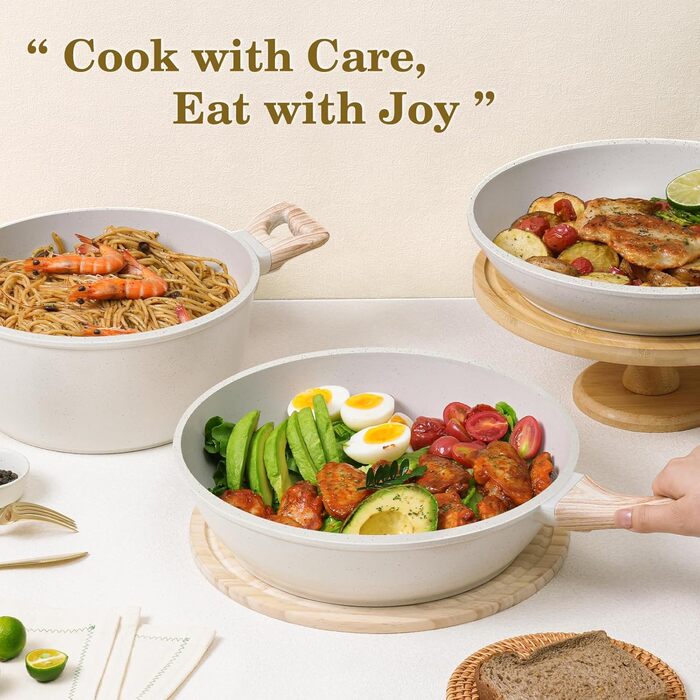 Набір каструль та сковорідок, 12 предметів, з антипригарним покриттям, індукційний, з граніту, без PFOA та PFOS, з силіконовими аксесуарами (білий)