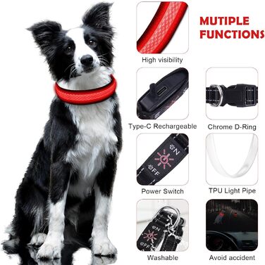 Світловідбиваючий нашийник для собак AUAUY LED, USB-зарядка, водонепроникний, регульований, безпечний, 6 кольорів (-S), S(11.8-15.7'/30-40 cm) (Червоний)