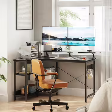 ODK L-Shaped Desk, Desk with Shelf Reversible, Gaming Desk L Shape Desk with Monitor Stand, Computer Desk PC Desk Office Desk for Home Office (Brown, 120x80x88cm)