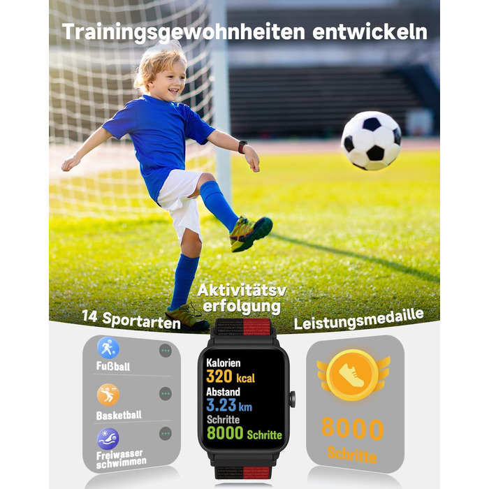 Смарт-годинник BIGGERFIVE для дітей, фітнес-трекер з пульсометром, крокоміром, моніторингом сну, водонепроникний (5ATM), будильник, 1.5' HD-сенсорний екран, для дівчаток та хлопчиків 3-14 років, ремінець нейлон, чорний/червоний