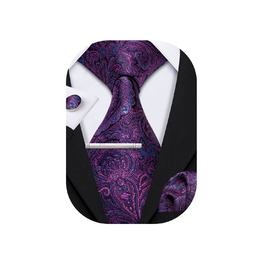 Шовкова краватка з візерунком пейслі Barry.Wang (3 шт.) з кишеньковим хустинкою та запонками - для урочистих подій та весілля, глибокий фіолетовий колір