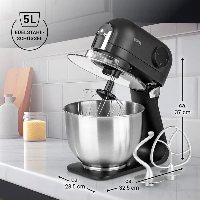 N8WERK Kitchen Machine in the Midnight Edition | Whisk, dough hook, and beaters | Splash guard with filling opening | 5 L stainless steel bowl | 6 speed settings | 1200 watts | digital display