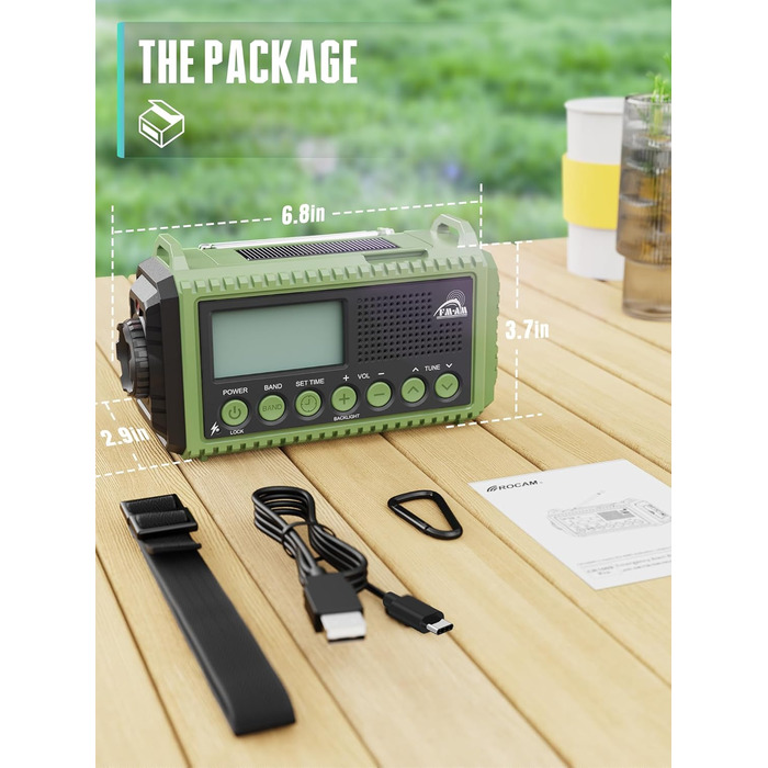 Радіо на батареї 12000mAh | Радіо з ручкою та сонячною панеллю | AM/FM/SW, SOS, USB-C | Водонепроникне IPX4, ліхтарик, для кемпінгу та відпочинку на природі