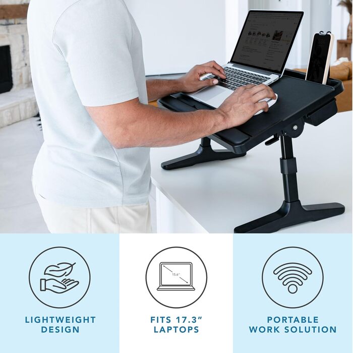 LAPGEAR Підставка для ноутбука з дерева та шкіри з регульованими ніжками, підставкою для зап'ястя, слотом для медіа та вбудованим місцем для зберігання, для ноутбуків до 43.2 см (17 дюймів), чорна
