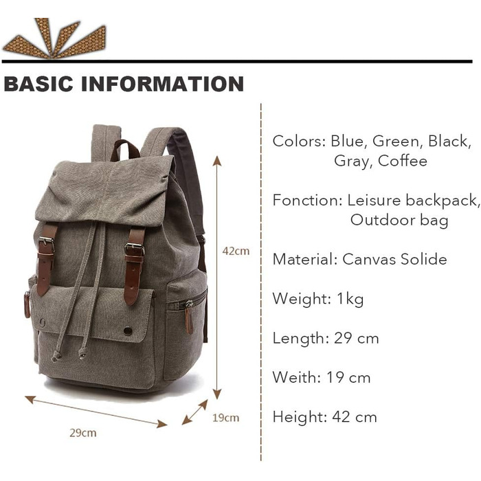 Canvas Backpack Vintage for Laptop Daypack Hiking Travel Large Capacity Bag Unisex (Gray)
