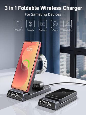 Бездротовий зарядний пристрій 3-в-1 для Samsung Galaxy S26/S25/Z Fold 7/Flip 7/Buds 3/2, Watch 8/7/6/5 Pro - сірий