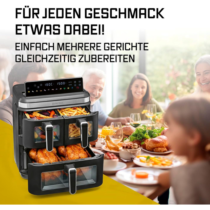 Фритюрниця електрична Gourmetmaxx FryUp3 з 3 камерами 17л, Airfryer з сенсорним дисплеєм, 12 програм, вікном огляду – для 12 осіб