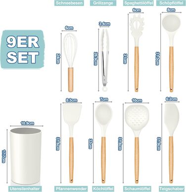 Набір кухонних аксесуарів Homikit 9 шт. з дерев'яною ручкою, чорний, з підставкою, антипригарне силіконове кухонне приладдя