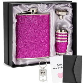 Персоналізований набір фляг 8oz з гравіюванням – фляга з нержавіючої сталі, 4 склянки, воронка та подарункова коробка для дружків, подарунок на весілля для чоловіків та жінок (Рожевий)