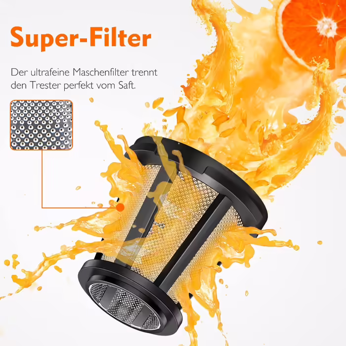 AMZCHEF Juicer - Vegetable and Fruit Test Winner - Slow Juicer with Reverse-Mastication Function - Gentle Crushing Without Filtering - Electric Juice Press with Brush and 2 Cups - Vibrant Orange
