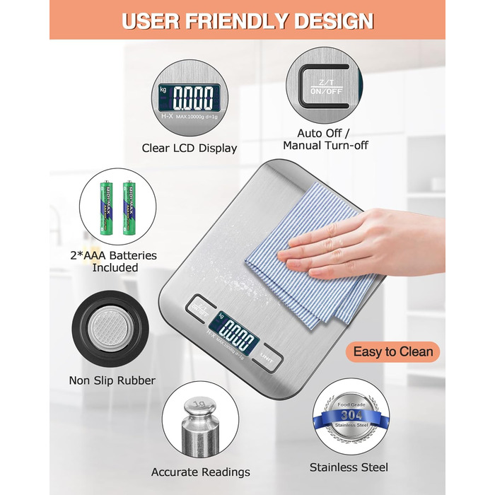 Цифрова кухонна вага 10 кг з LCD дисплеєм та функцією тарування, для випічки, приготування їжі та зважування ювелірних виробів, 1г, срібна, K1H