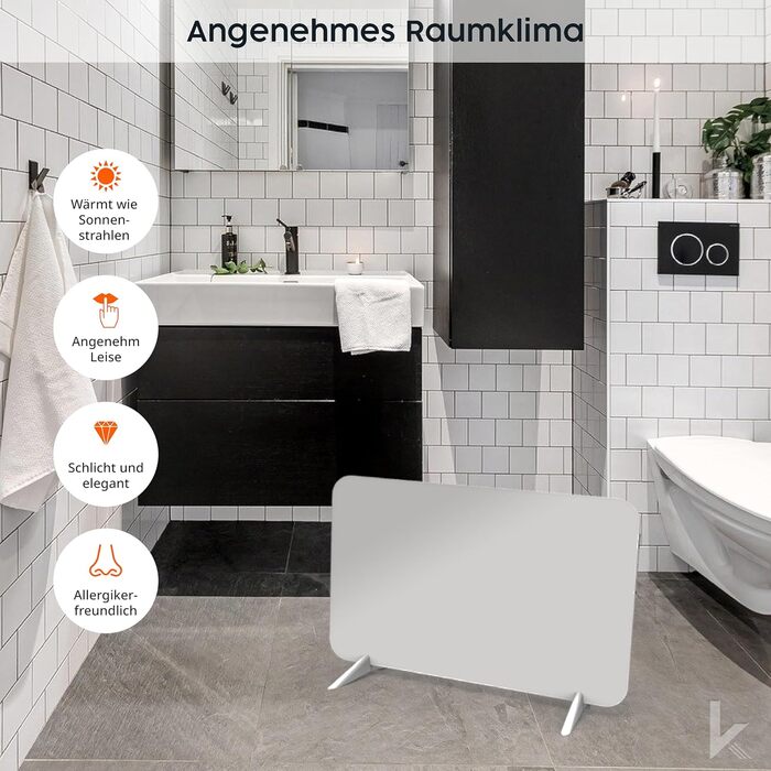 Обігрівач KönigsHaus 450W Smart з інфрачервоним випромінюванням - підлоговий/настінний - керування через Wi-Fi з додатком та пультом - з тримачем для рушників, ніжками та кріпленням - білий 450 Вт - білий