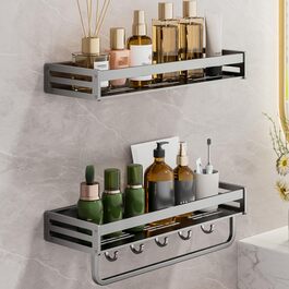 Настінна полиця для душу без свердління, сірий колір, 40x40 см. Організатор для ванної кімнати з великою місткістю та гачками