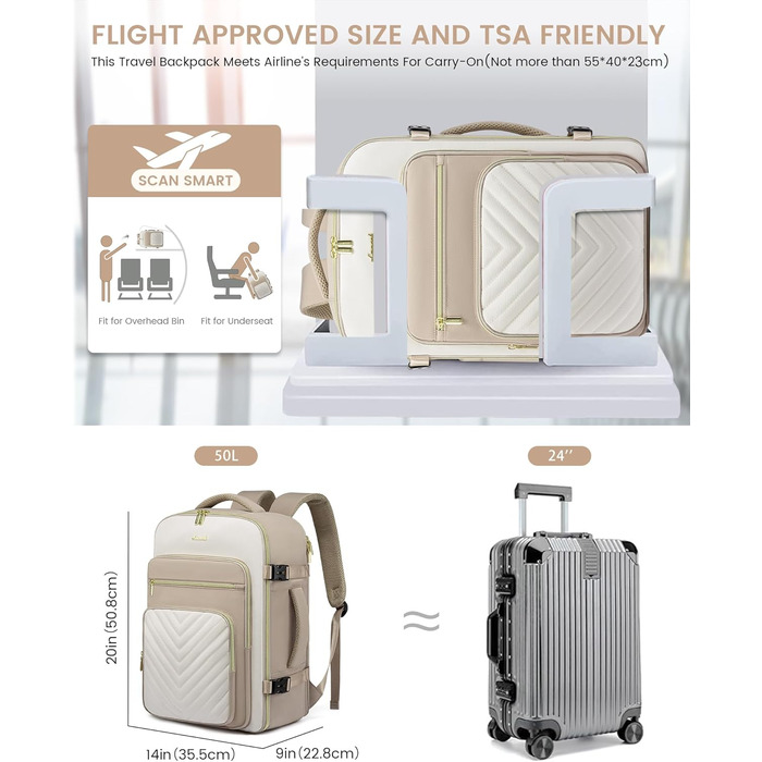 Рюкзак LOVEVOOK для ручної поклажі в літак, 40L, жіночий, водонепроникний, з відділенням для ноутбука 17 дюймів, для подорожей, роботи, хайкінгу, оливково-бежевий