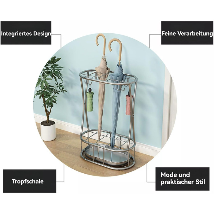 Металева підставка для парасоль та тростинок Shakub, 2 слоти, срібляста, 25x25x50 см