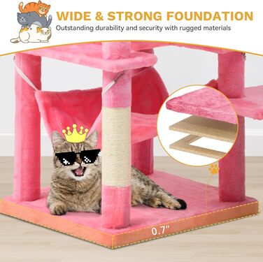 Кігтеточка YITAHOME XXL, 190 см, з 8 стовпів з сизалю, 3 платформи, 2 печери, кошик, гамак, іграшки, для котів, рожева