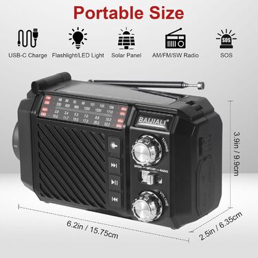 Радіо-приймач Kurbelradio з сонячною панеллю, Powerbank 2600mAh, AM/FM/SW, LED-ліхтарик та SOS-сигналом для надзвичайних ситуацій (Чорний)