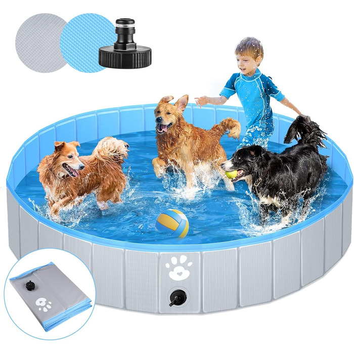 Dog pool swimming pool Ø for dogs, children's paddling pool, or other animals. Reinforced strength 5mm, portable and foldable - gray (160cm)