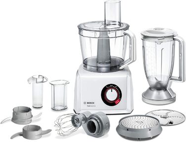 Bosch Compact Kitchen Machine MultiTalent 8 MC812W501, XXL Mixing Bowl 3.9 L, Mixer 1.5 L, Universal Knife, Grater Disc, Slicing/Shredding Combination Disc, Potato Pancake Disc, 1000 W, white