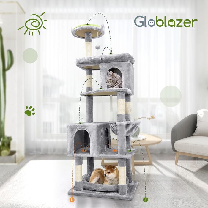 Дряпка для котів Globlazer XXL, 183 см, з будиночком, платформою та кошиком, сірий (S72)